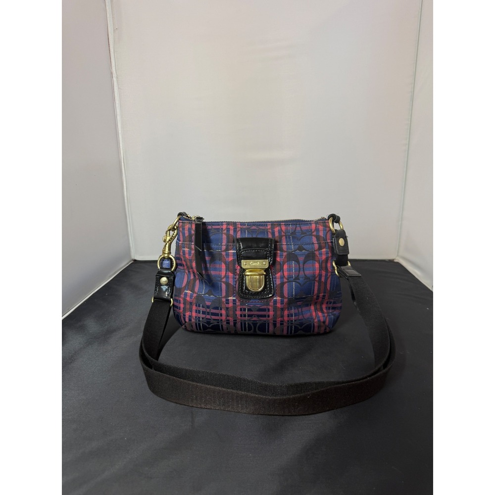 Coach Poppy Plaid Signature C Crossbody Bag Blue Pink Gold Metallic Pocket